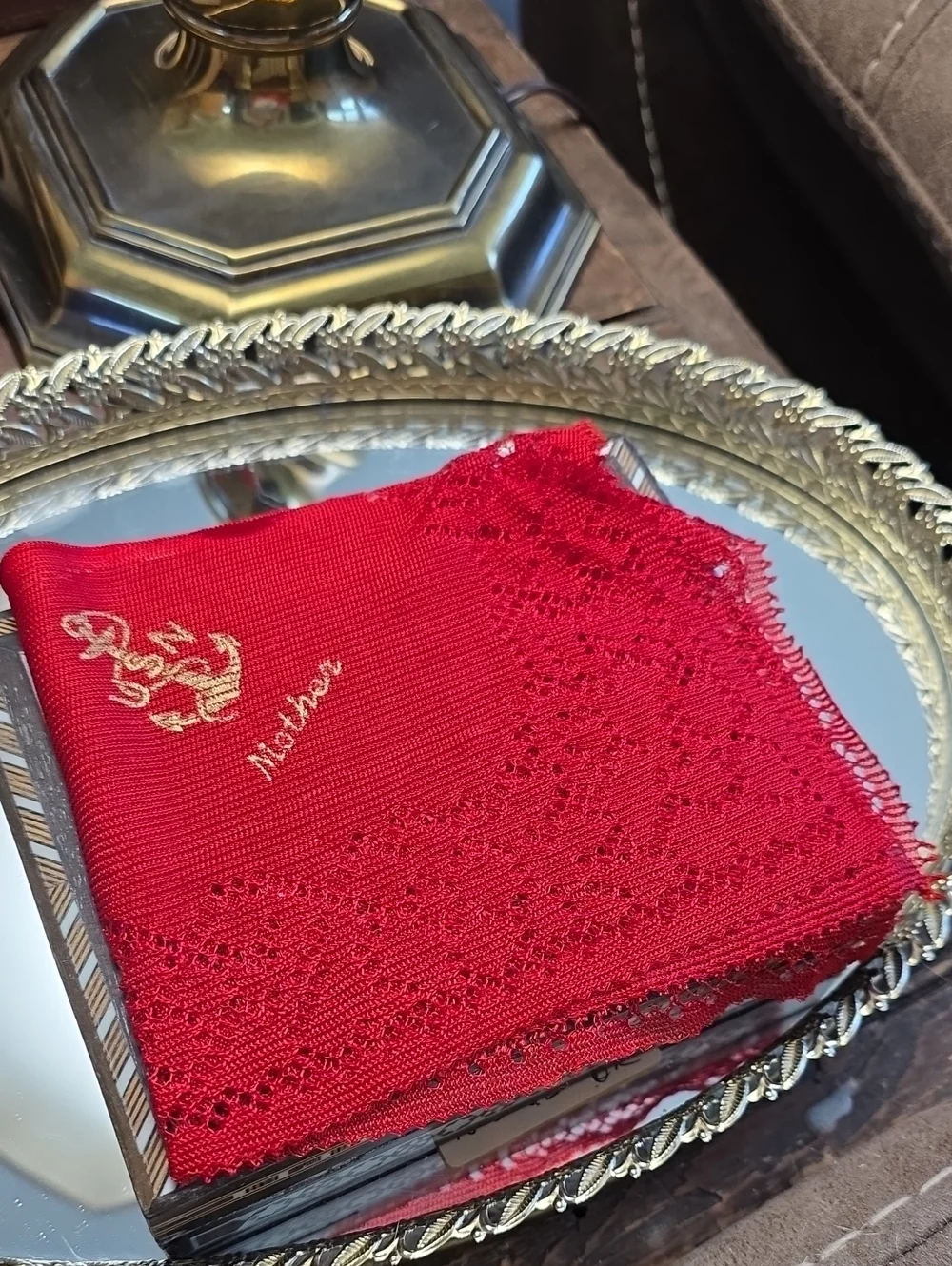 WWII USN Mother Embossed Red Lace Handkerchief
